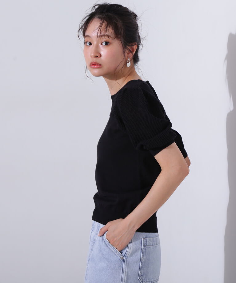  「メッシュ切替半袖ニット」|ニット・セーター|ブラック