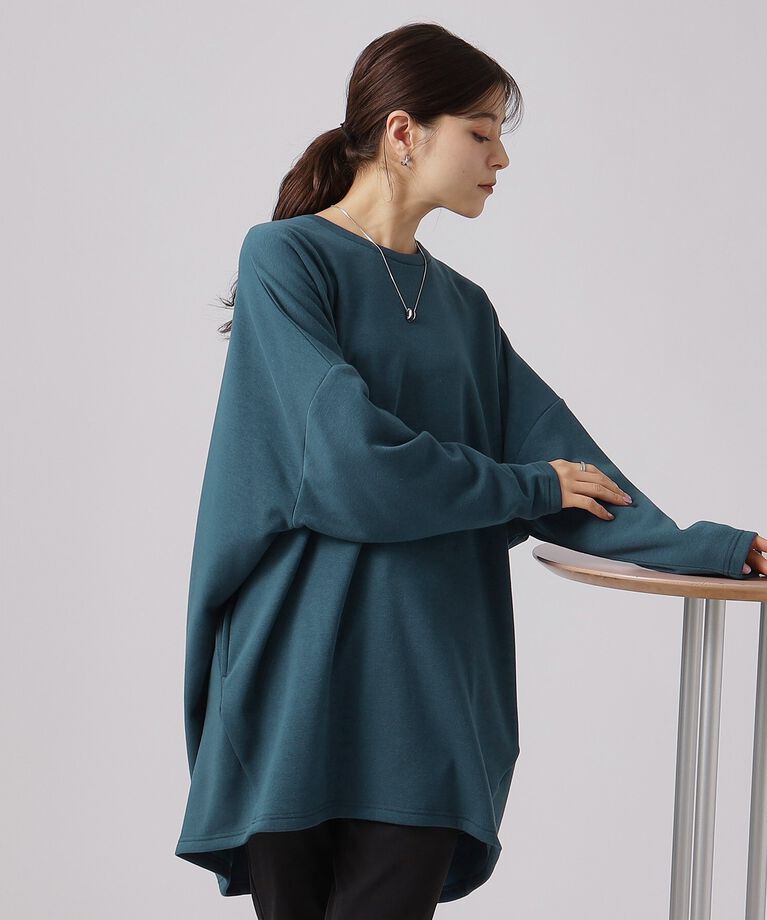 SHOO･LA･RUE「【体型カバー】裏地あったか ルーズチュニック【SHOO WARM】」|チュニック|ﾌﾞﾙｰｸﾞﾘｰﾝ(097)