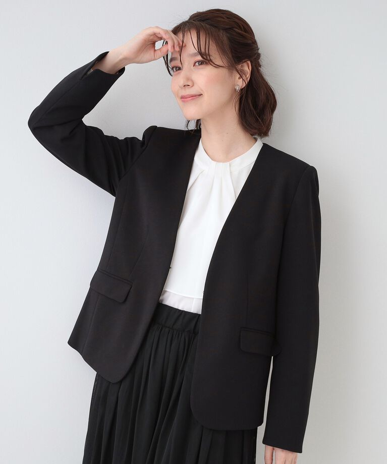 SHOO･LA･RUE「【洗える/S-3L/セットアップ可】セレモニーや通勤に カットジョーゼット Vネックジャケット」|ノーカラージャケット|ブラック(019)