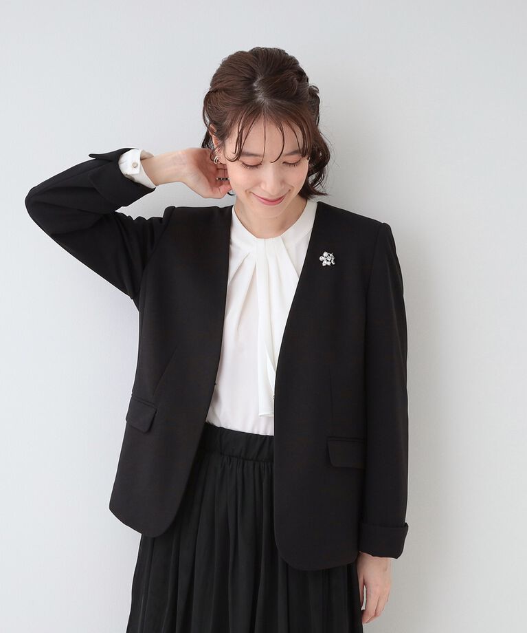 SHOO･LA･RUE「【洗える/S-3L/セットアップ可】セレモニーや通勤に カットジョーゼット Vネックジャケット」|ノーカラージャケット|