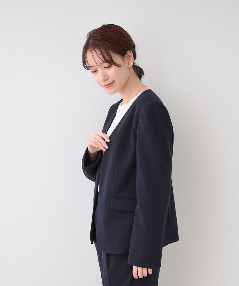SHOO･LA･RUE「【洗える/S-3L/セットアップ可】セレモニーや通勤に カットジョーゼット Vネックジャケット」|ノーカラージャケット|