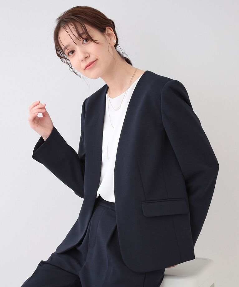 SHOO･LA･RUE「【洗える/S-3L/セットアップ可】セレモニーや通勤に カットジョーゼット Vネックジャケット」|ノーカラージャケット|ネイビー(094)