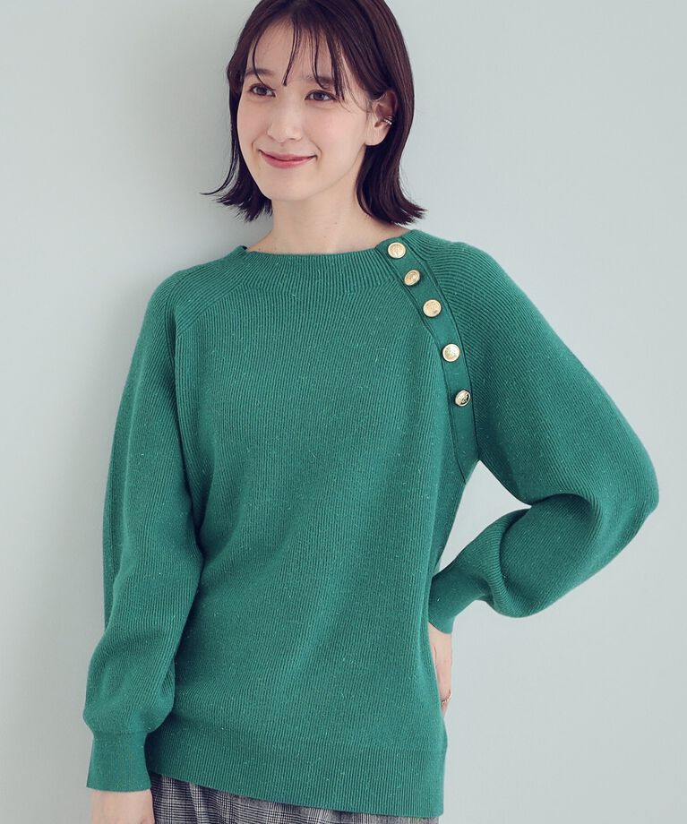 SHOO･LA･RUE「【S-LL/洗える】きらっとラメが華やか 肩金ボタンニット」|ニット・セーター|グリーン(022)