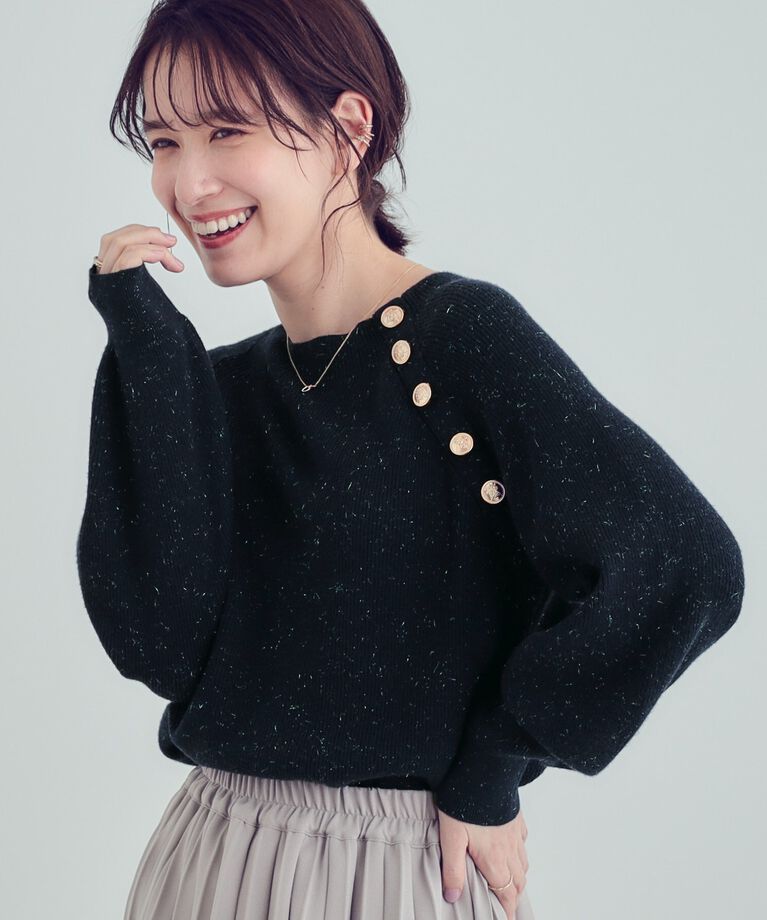 SHOO･LA･RUE「【S-LL/洗える】きらっとラメが華やか 肩金ボタンニット」|ニット・セーター|ネイビー(094)