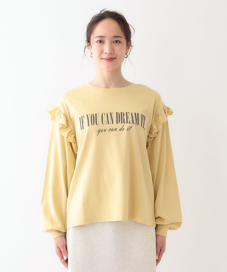 SHOO･LA･RUE「【S-LL/洗える】ショルダーフリルが目を惹く ロゴプリントロンT」|Tシャツ・カットソー|