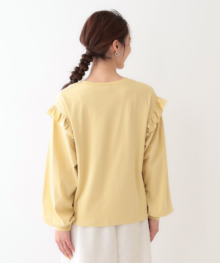 SHOO･LA･RUE「【S-LL/洗える】ショルダーフリルが目を惹く ロゴプリントロンT」|Tシャツ・カットソー|