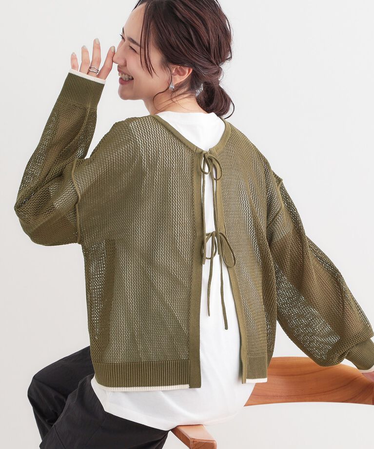 SHOO･LA･RUE「【S-LL/2点セット】前後2WAYで着られるメッシュニット＋ロゴTシャツ」|その他|オリーブグリーン(0