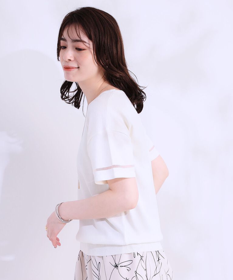 SHOO･LA･RUE「【UVカット/洗える】お袖シアーがヘルシーに フレアスリーブサマーニット」|ニット・セーター|
