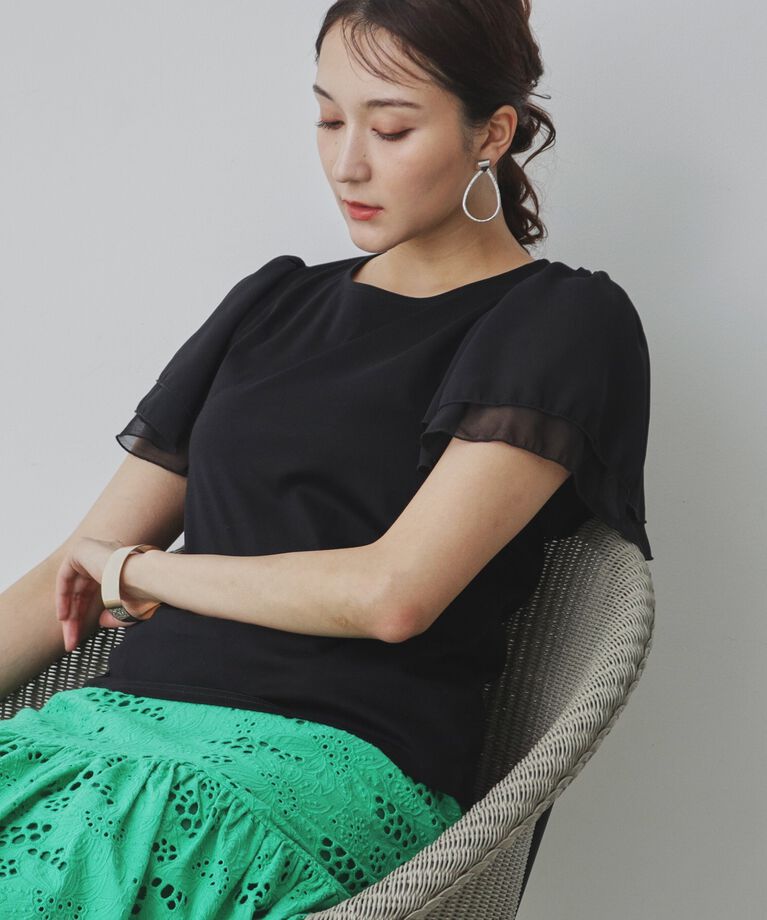 SunaUna「【接触冷感／日本製】シフォンスリーブカットソー」|Tシャツ・カットソー|ﾌﾞﾗｯｸ(019)