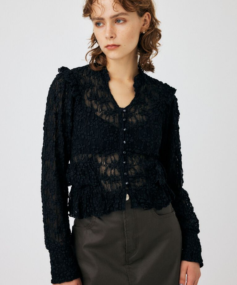 MOUSSY「RUFFLE LACY CUT ブラウス」|Tシャツ・カットソー|BLK