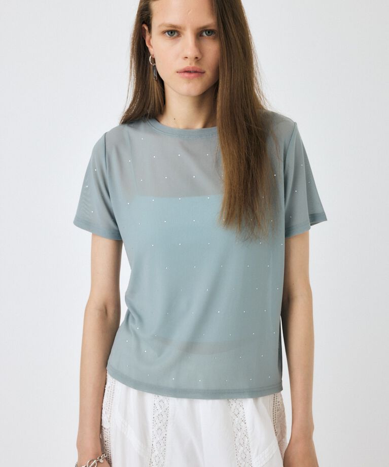 MOUSSY「RHINESTONE SHEER Tシャツ」|Tシャツ・カットソー|L/BLU1