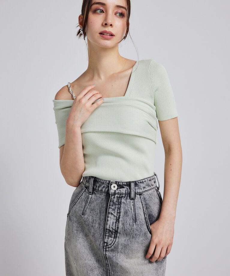 rienda「アシンメトリーショルダーKnit TOP」|ニット・セーター|L/GRN1