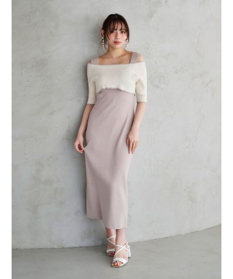 MERCURYDUO「3WAY配色ストラップバッククロスハーフスリーブワンピース」|ワンピース|ベージュ