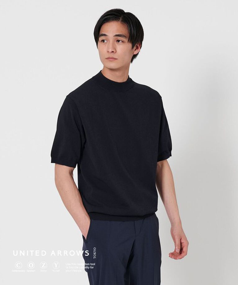 UNITED ARROWS「ショートスリーブ モックネックニット UA COZY ーウォッシャブル・抗菌防臭ー」|ニット・セーター|NAVY