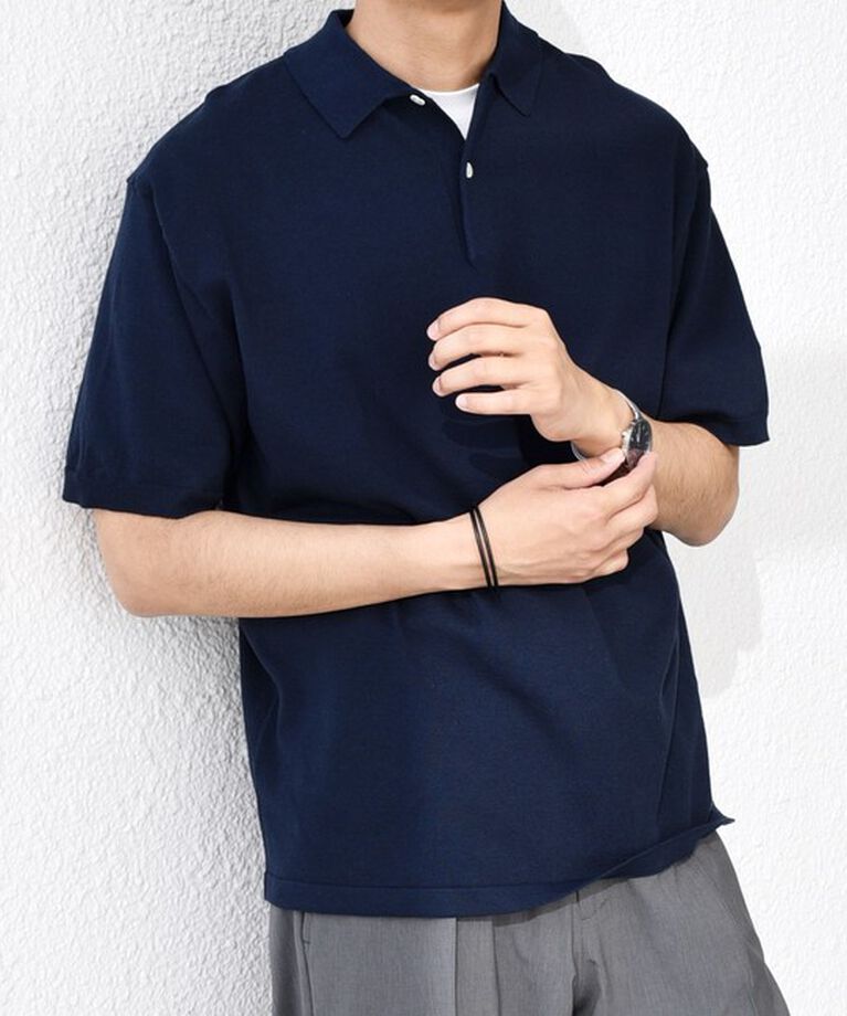 SHIPS any「SHIPS any:〈接触冷感〉ハイゲージ リネンミックス サマー ニット ポロシャツ 25SS◇」|ポロシャツ|ネイビー
