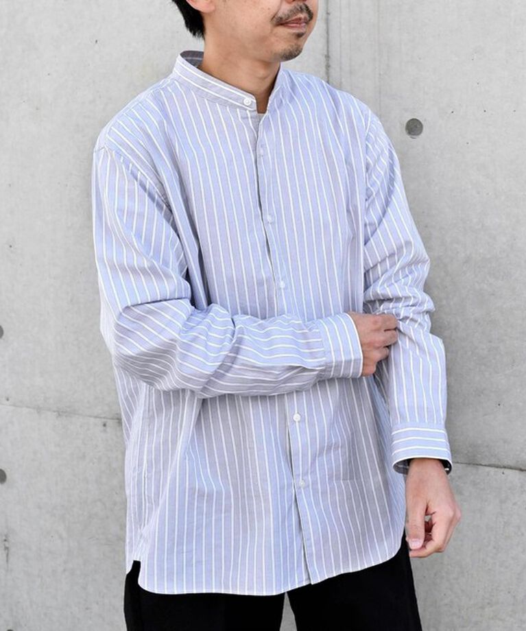 SHIPS any「SHIPS any: ストライプ / ソリッド リラックス バンドカラー シャツ 25SS◇」|シャツ・ブラウス|ライトグレー