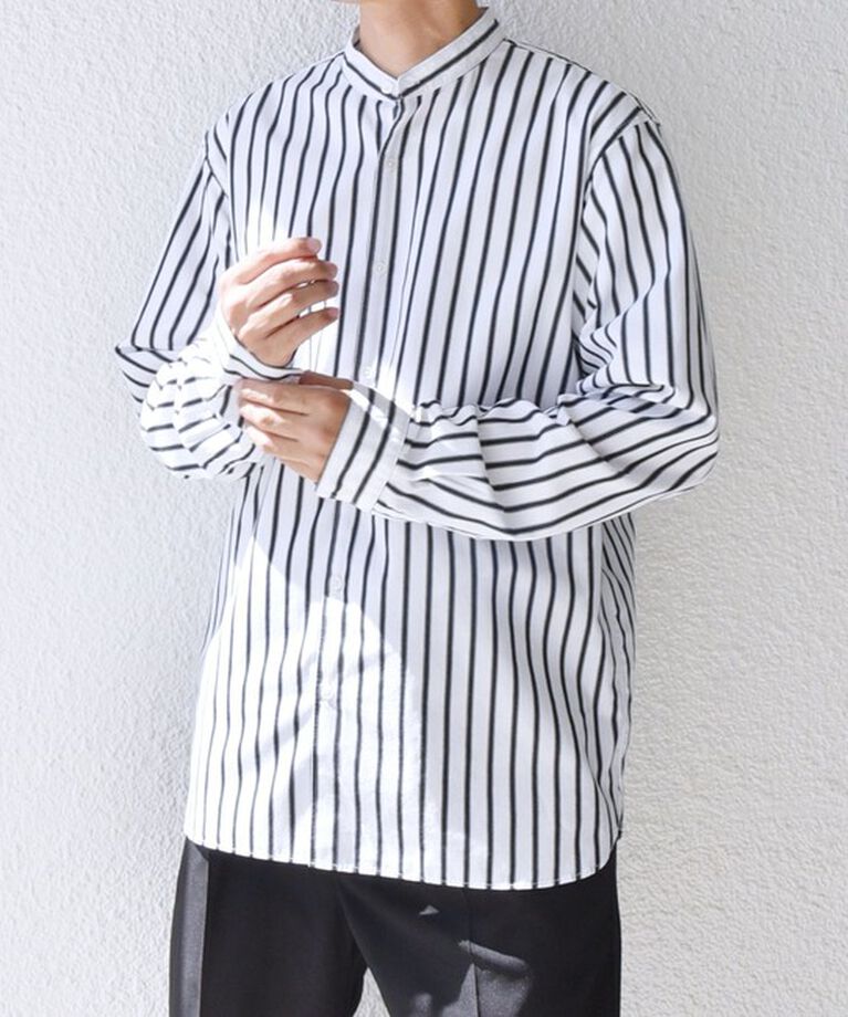 SHIPS any「SHIPS any: ストライプ / ソリッド リラックス バンドカラー シャツ 25SS◇」|シャツ・ブラウス|ブラック