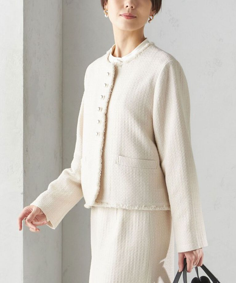 SHIPS for women「〈セレモニー対応可〉スラブ ツイード ノーカラー ジャケット（セットアップ対応）」|ノーカラージャケット|オフホワイト
