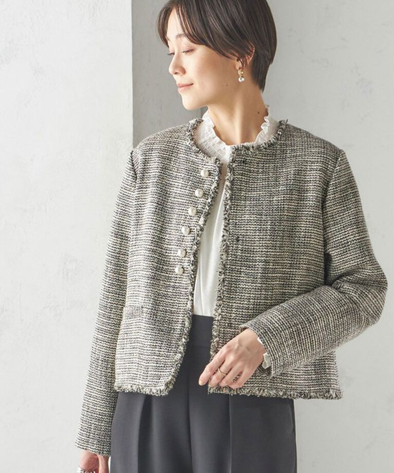 SHIPS for women「〈セレモニー対応可〉スラブ ツイード ノーカラー ジャケット（セットアップ対応）」|ノーカラージャケット|ダークグレー