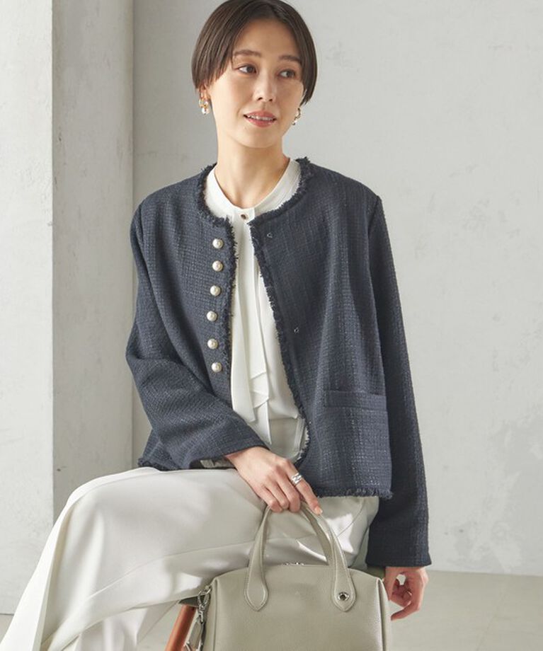 SHIPS for women「〈セレモニー対応可〉スラブ ツイード ノーカラー ジャケット（セットアップ対応）」|ノーカラージャケット|ネイビー