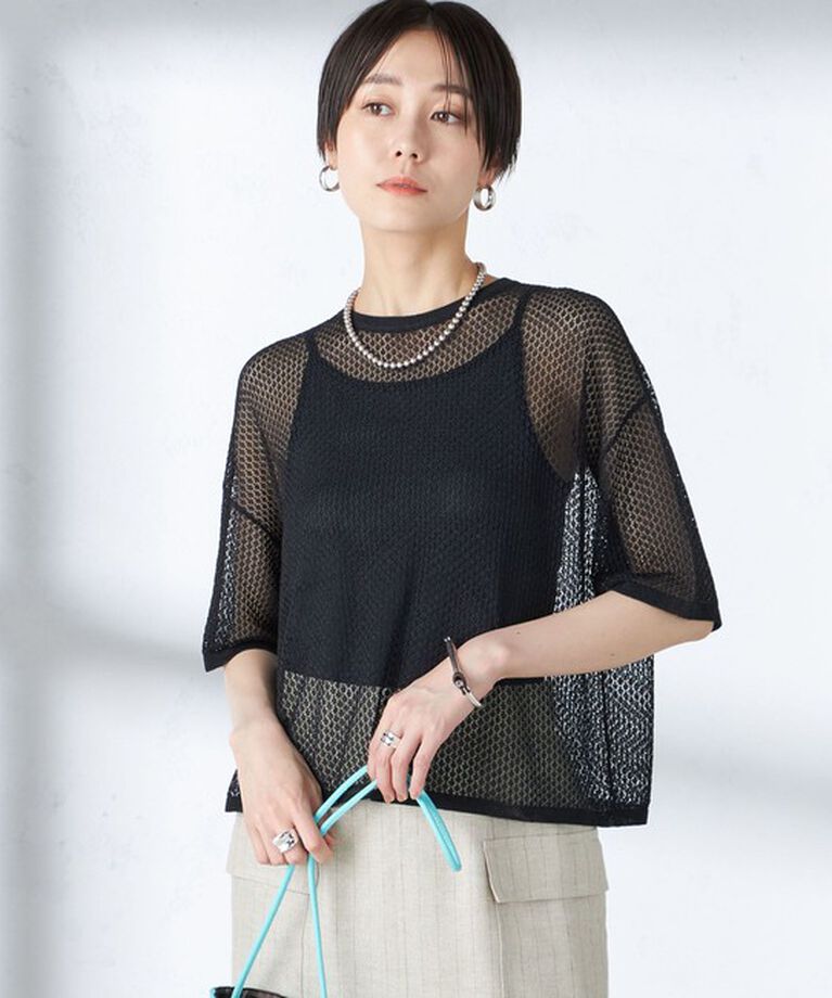 SHIPS for women「〈手洗い可能〉メッシュ編 半袖 ニット プルオーバー」|ニット・セーター|