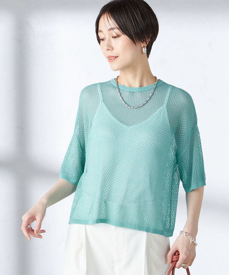 SHIPS for women「〈手洗い可能〉メッシュ編 半袖 ニット プルオーバー」|ニット・セーター|