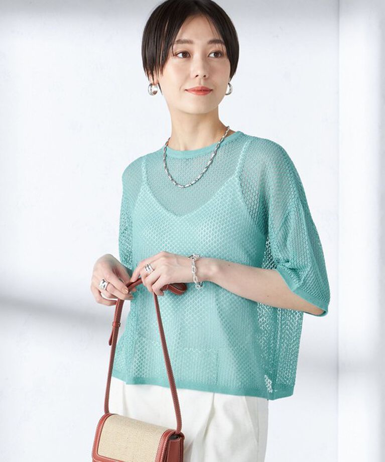 SHIPS for women「〈手洗い可能〉メッシュ編 半袖 ニット プルオーバー」|ニット・セーター|