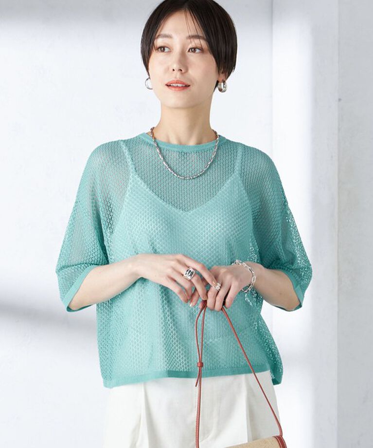 SHIPS for women「〈手洗い可能〉メッシュ編 半袖 ニット プルオーバー」|ニット・セーター|