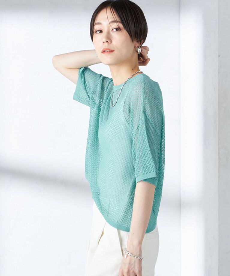 SHIPS for women「〈手洗い可能〉メッシュ編 半袖 ニット プルオーバー」|ニット・セーター|