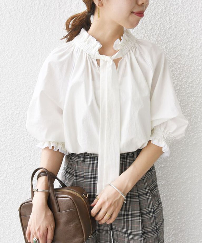 SHIPS for women「〈手洗い可能〉ネック ギャザー 7分袖 ボウタイ ブラウス」|シャツ・ブラウス|オフホワイト