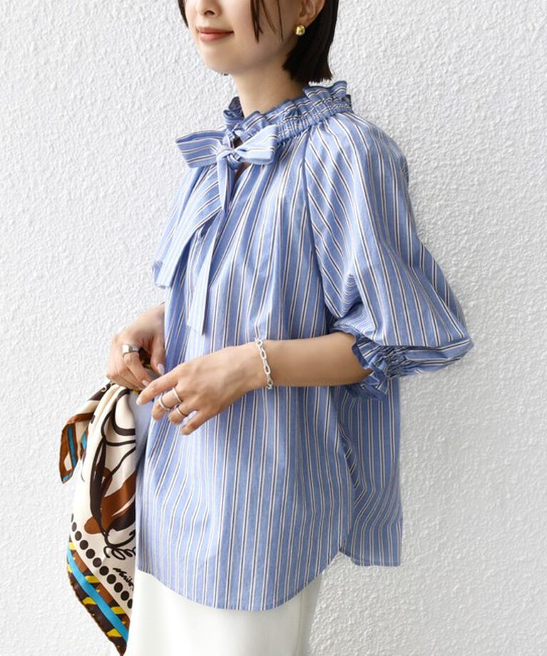 SHIPS for women「〈手洗い可能〉ネック ギャザー 7分袖 ボウタイ ブラウス」|シャツ・ブラウス|