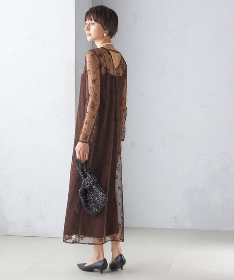 SHIPS for women「〈結婚式・パーティ〉kaene:フロッキー レース ポリエステルベロア 2WAY ドレス」|ワンピース|ブラウン