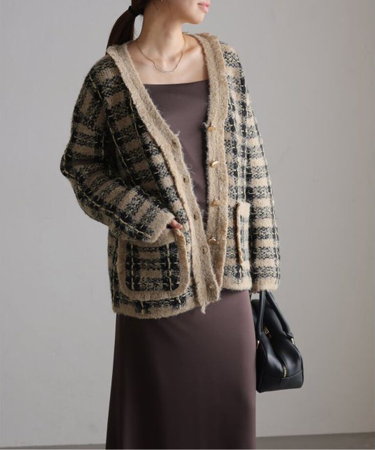  「【TORRAZZO DONNA/トラッゾドンナ】Check Pattern Vneck Knit Jacket」|カーディガン|