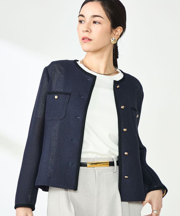 NOLLEY'S sophi「ウォッシャブルラッセルカーデジャケット」|ノーカラージャケット|ネイビー