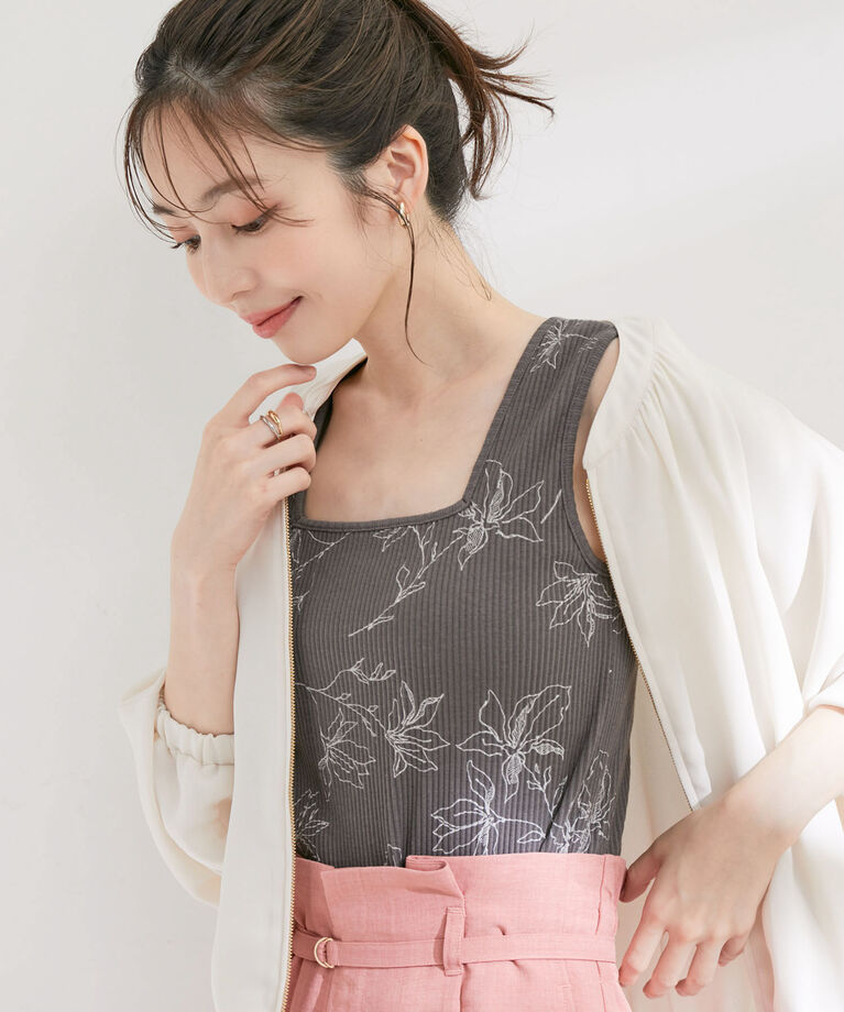 VIS「【洗える】花柄カップ付きリブタンクトップ」|タンクトップ|グレー系(09)