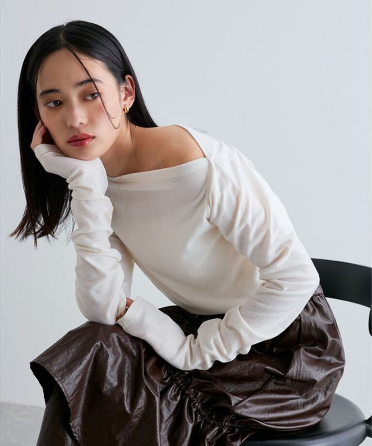 VIS「【洗える】ドレープオフショルダーロングTシャツ」|Tシャツ・カットソー|生成メイン