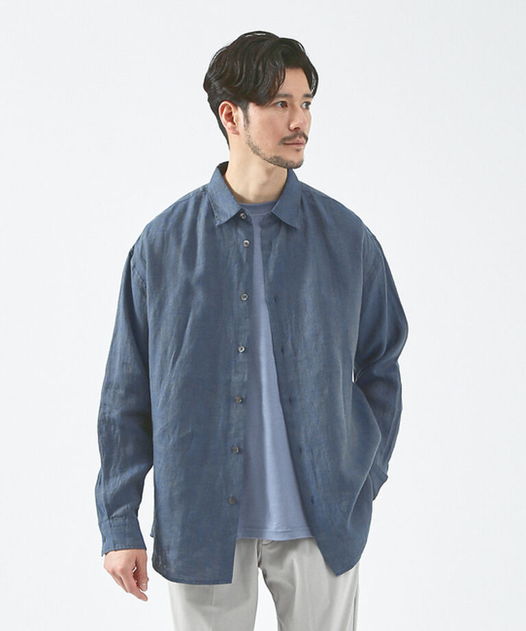 ABAHOUSE「【LUXE Linen Solaro】長袖 リネンシャツ」|シャツ・ブラウス|ネイビー