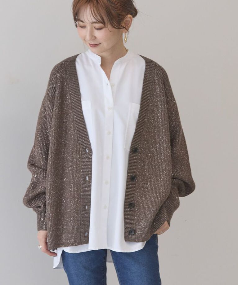 AMERICAN HOLIC「バイパチラメ入りVネック片畦ニットカーディガン」|カーディガン|Brown