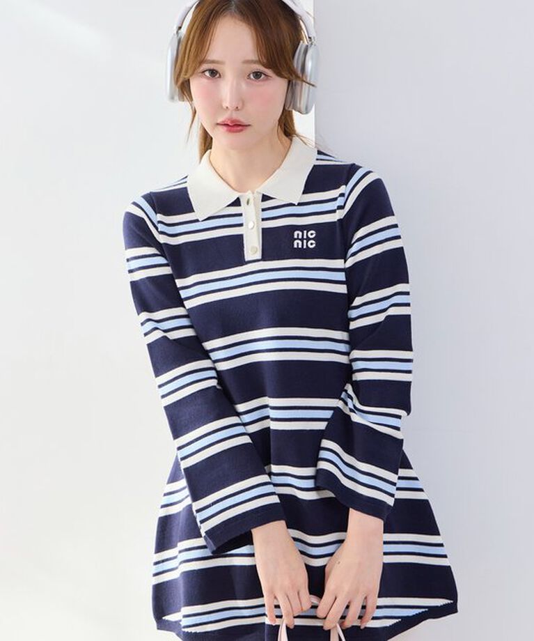  「ポロ襟ニットワンピース」|ワンピース|ネイビー
