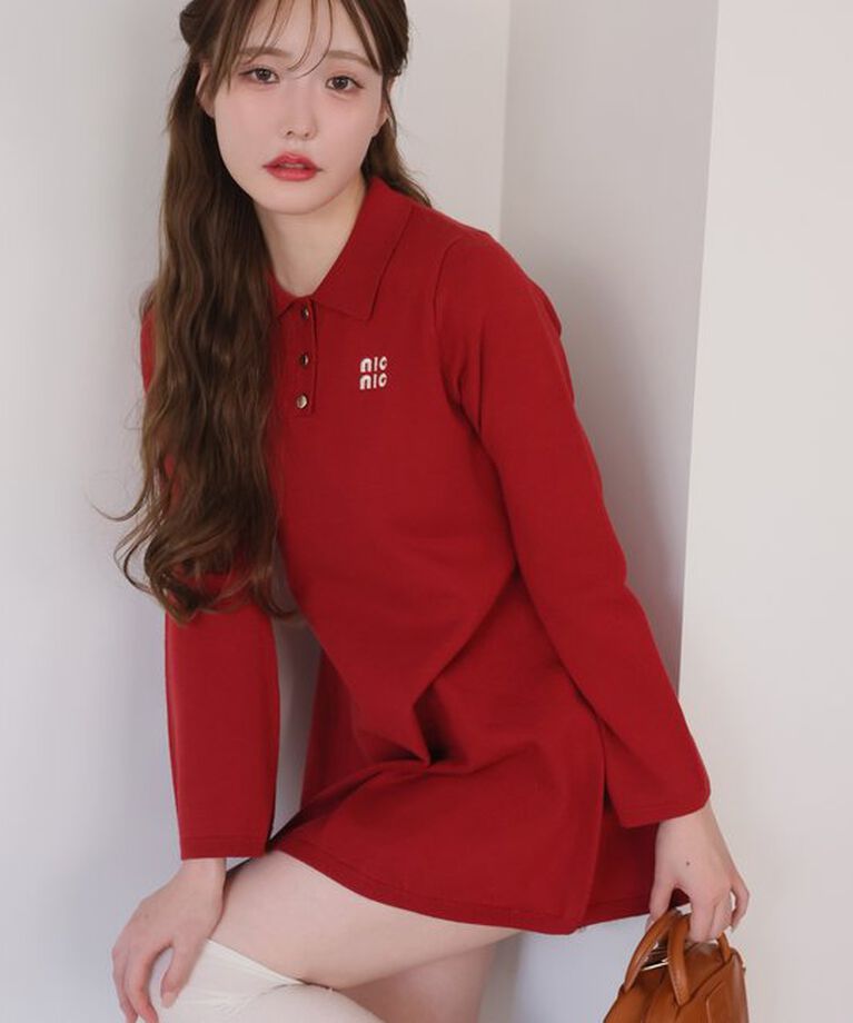  「ポロ襟ニットワンピース」|ワンピース|レッド