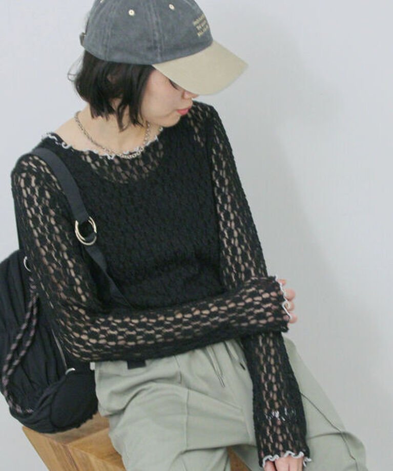 Samansa Mos2 blue「◎配色メロウレースプルオーバー」|Tシャツ・カットソー|ブラック