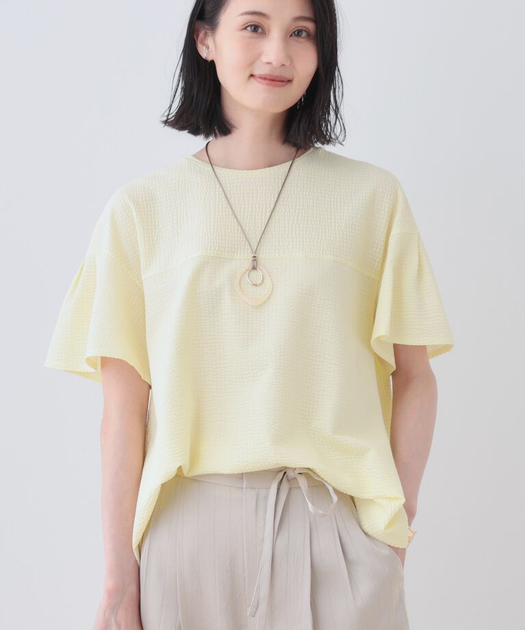 INDIVI「【洗える／体型カバー】凹凸素材フレアデザイントップス」|Tシャツ・カットソー|イエロー(031)