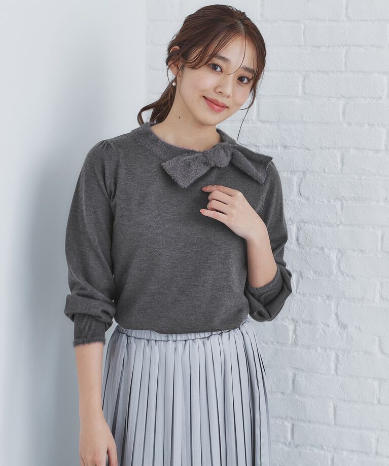 index「《6color/XS-LLsize》リボン取り外し2WAY フェザーリボンニット【洗濯機洗い可】」|ニット・セーター|ﾁｬｺｰﾙｸﾞﾚｰ(014)