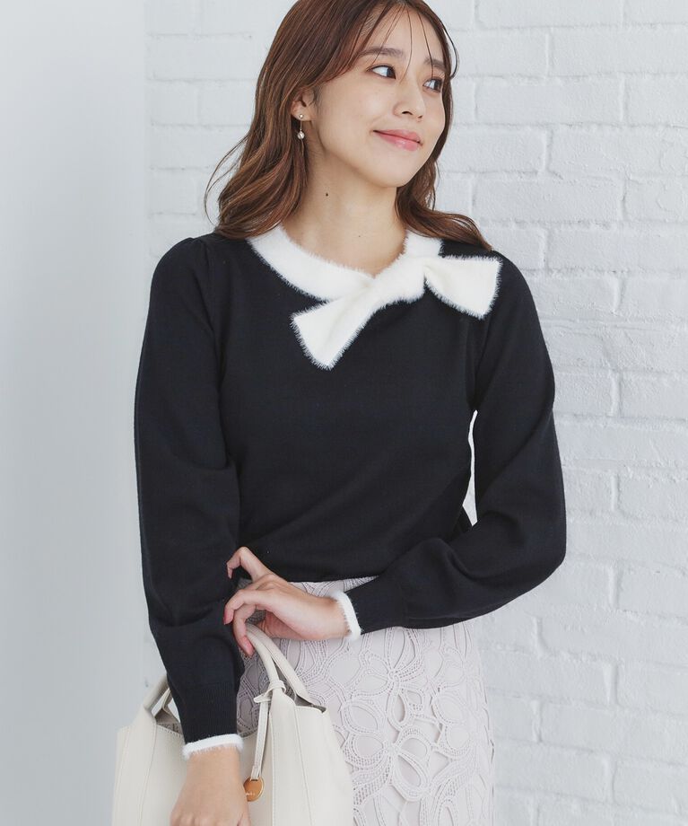 index「《6color/XS-LLsize》リボン取り外し2WAY フェザーリボンニット【洗濯機洗い可】」|ニット・セーター|ﾌﾞﾗｯｸ(519)