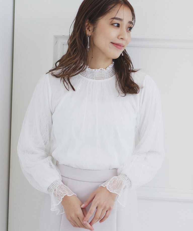 index「シャーリング総レーストップス【洗濯機洗い可】」|Tシャツ・カットソー|オフホワイト(003