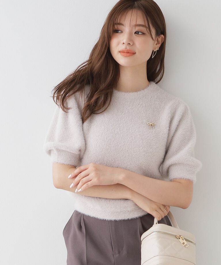 Couture broach「リボン付きラメフェザー5分袖ニット」|ニット・セーター|