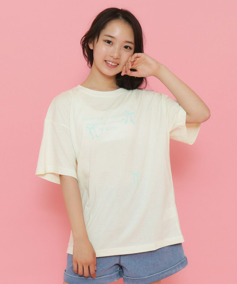 PINK-latte「リボンロゴプリントラインストーン付きTシャツ」|Tシャツ・カットソー|