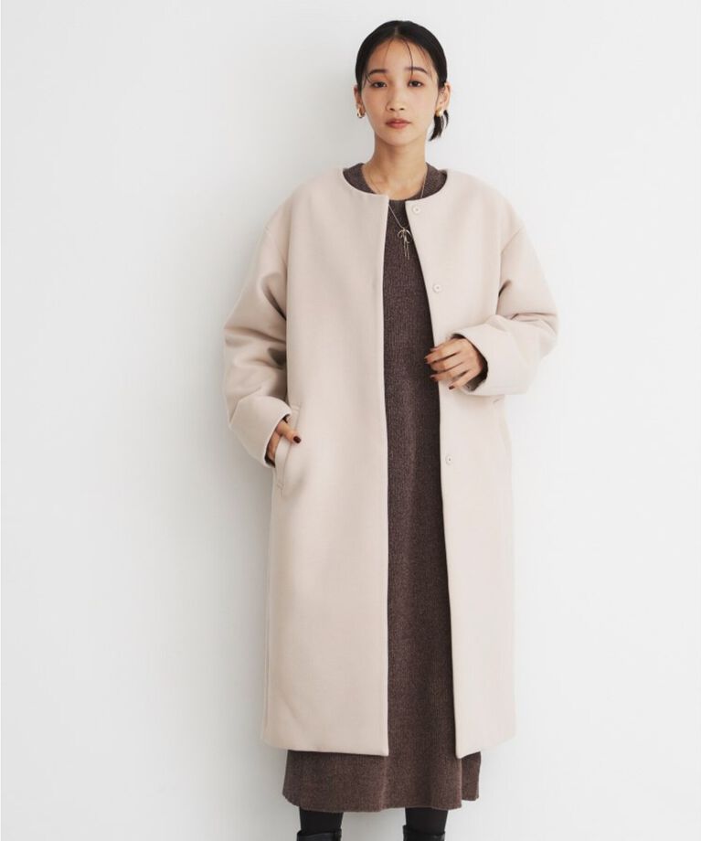 THE SHOP TK「ダブルクロスノーカラーロングコート」|ノーカラーコート|