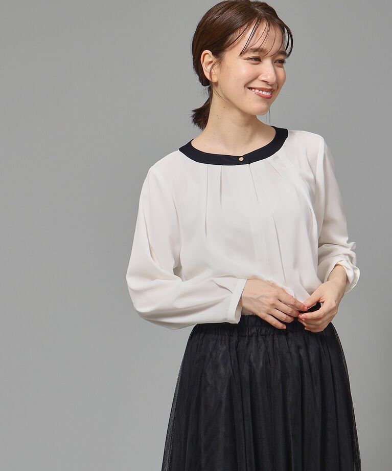 SHOO･LA･RUE「【通勤/デイリー/セレモニーにも】配色バンドカラー風ブラウス【CIRCRIC】」|シャツ・ブラウス|ﾌﾞﾗｯｸ(419)