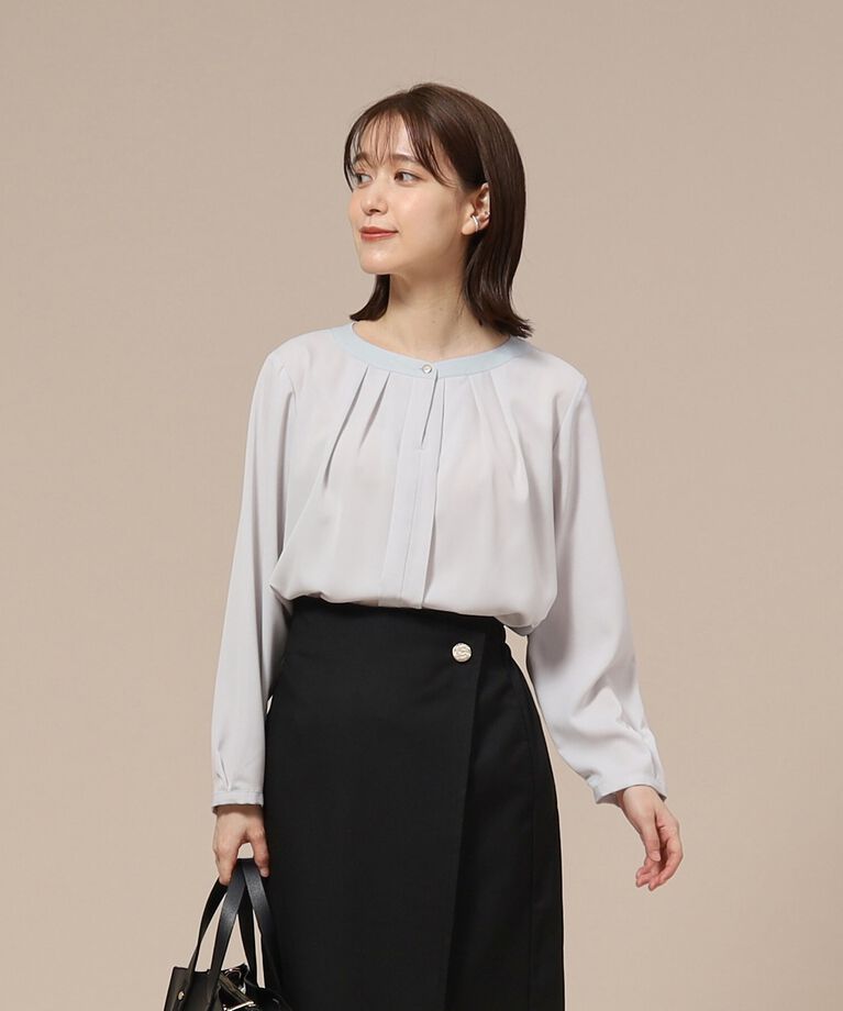SHOO･LA･RUE「【通勤/デイリー/セレモニーにも】配色バンドカラー風ブラウス【CIRCRIC】」|シャツ・ブラウス|ﾗｲﾄﾌﾞﾙｰ(491)